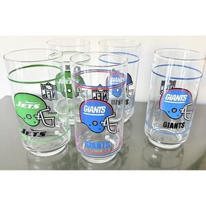 VTG Super Bowl  NFL Glass Set - NY Giants & NY Jets (Set of 5) Mobile Gas Promo
